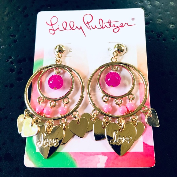 LILLY PULITZER EARRINGS NWT 🩷 Paradise Pink LOVE HEART CHARM Dangling POST - Picture 8 of 11